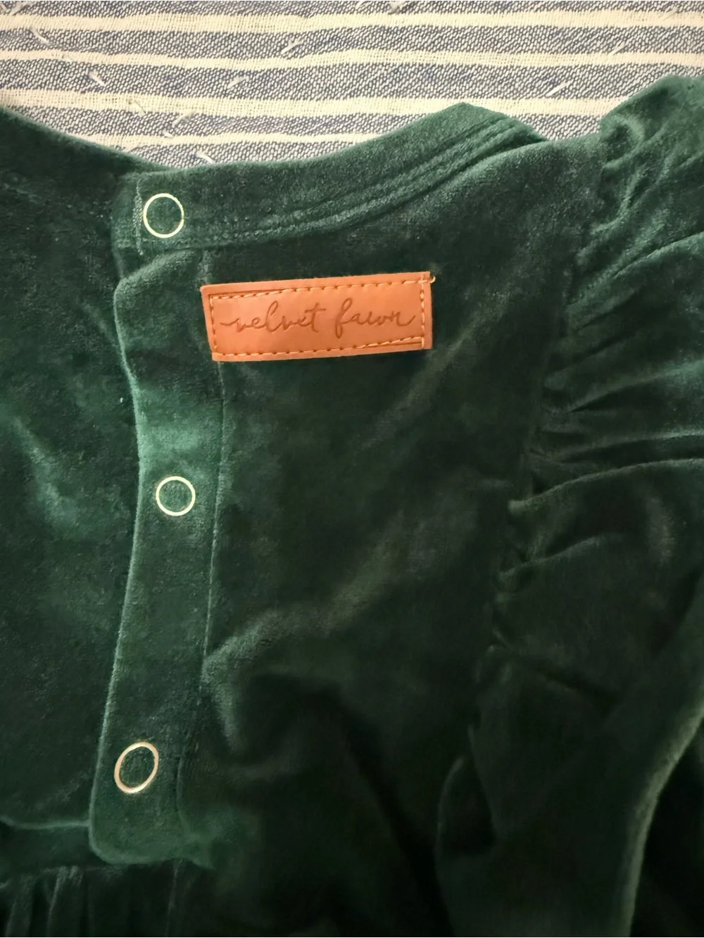 Velvet Fawn Ruffle Baby Romper in Deep Green